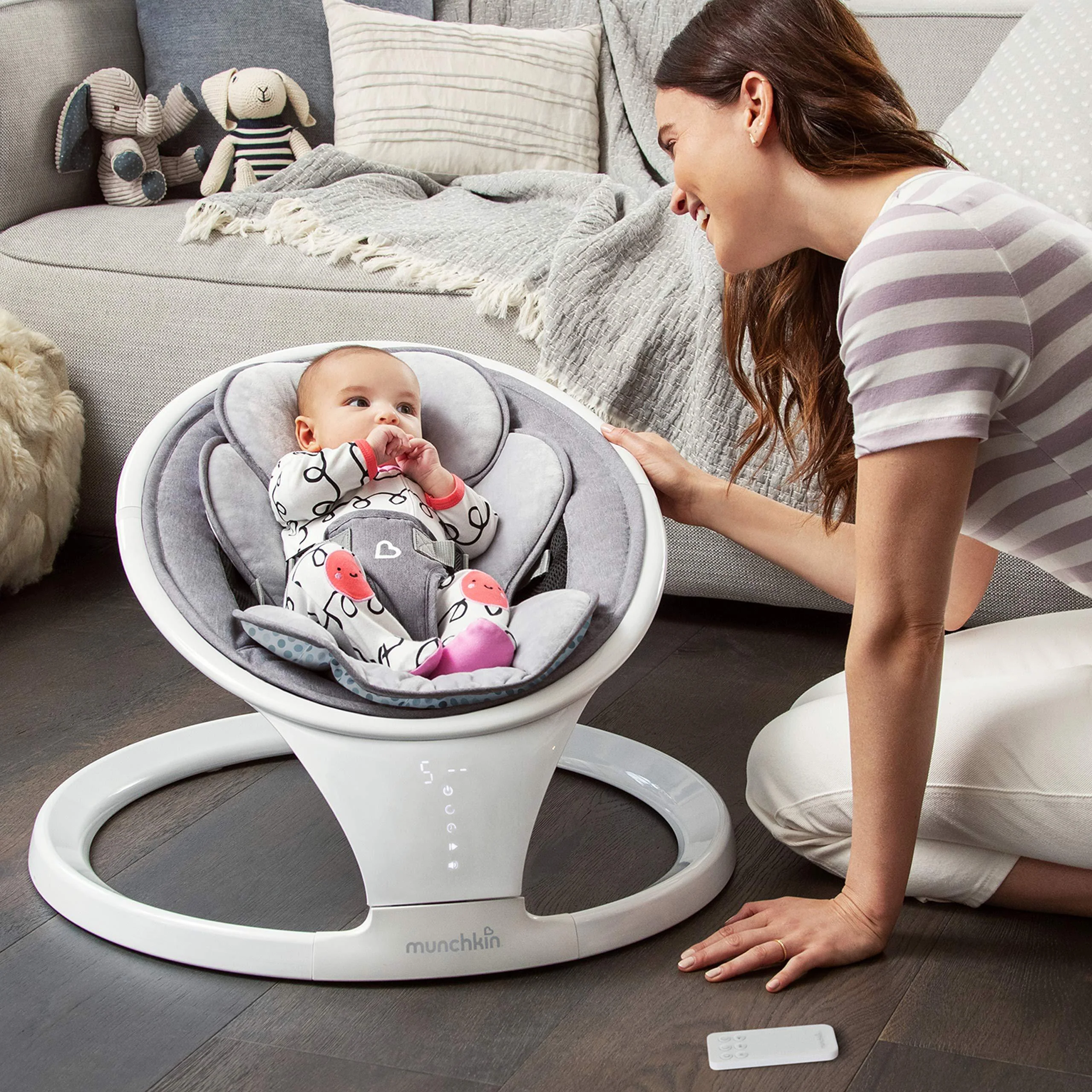 munchkin bluetooth enabled lightweight baby swing with natural sway in 5 ranges of motion, includes remote control