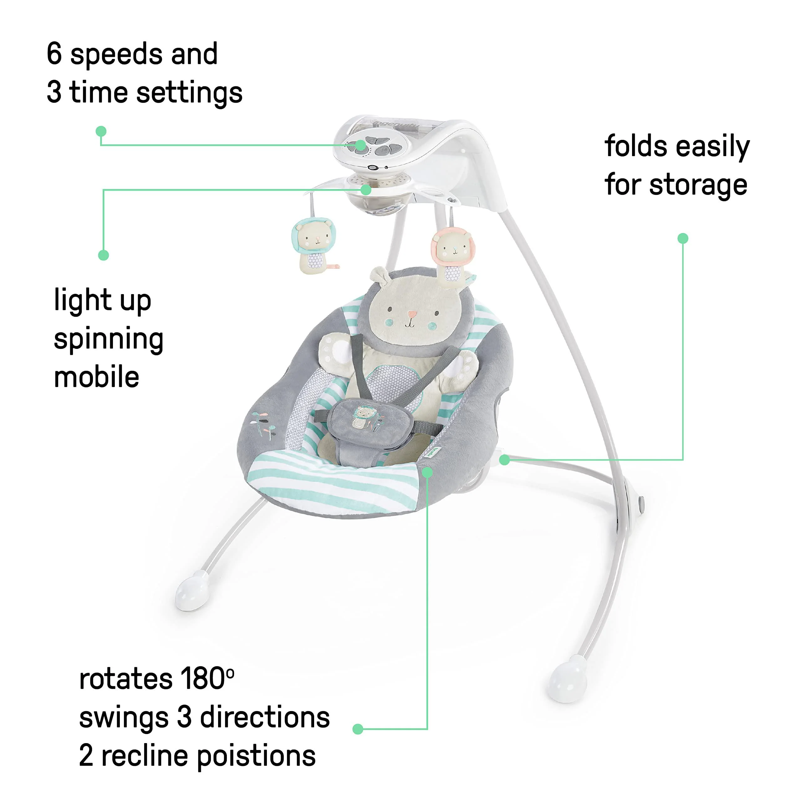 ingenuity inlighten 6-speed foldable baby swing with light up mobile, swivel infant seat and nature sounds, 0-9 months 6-20 l