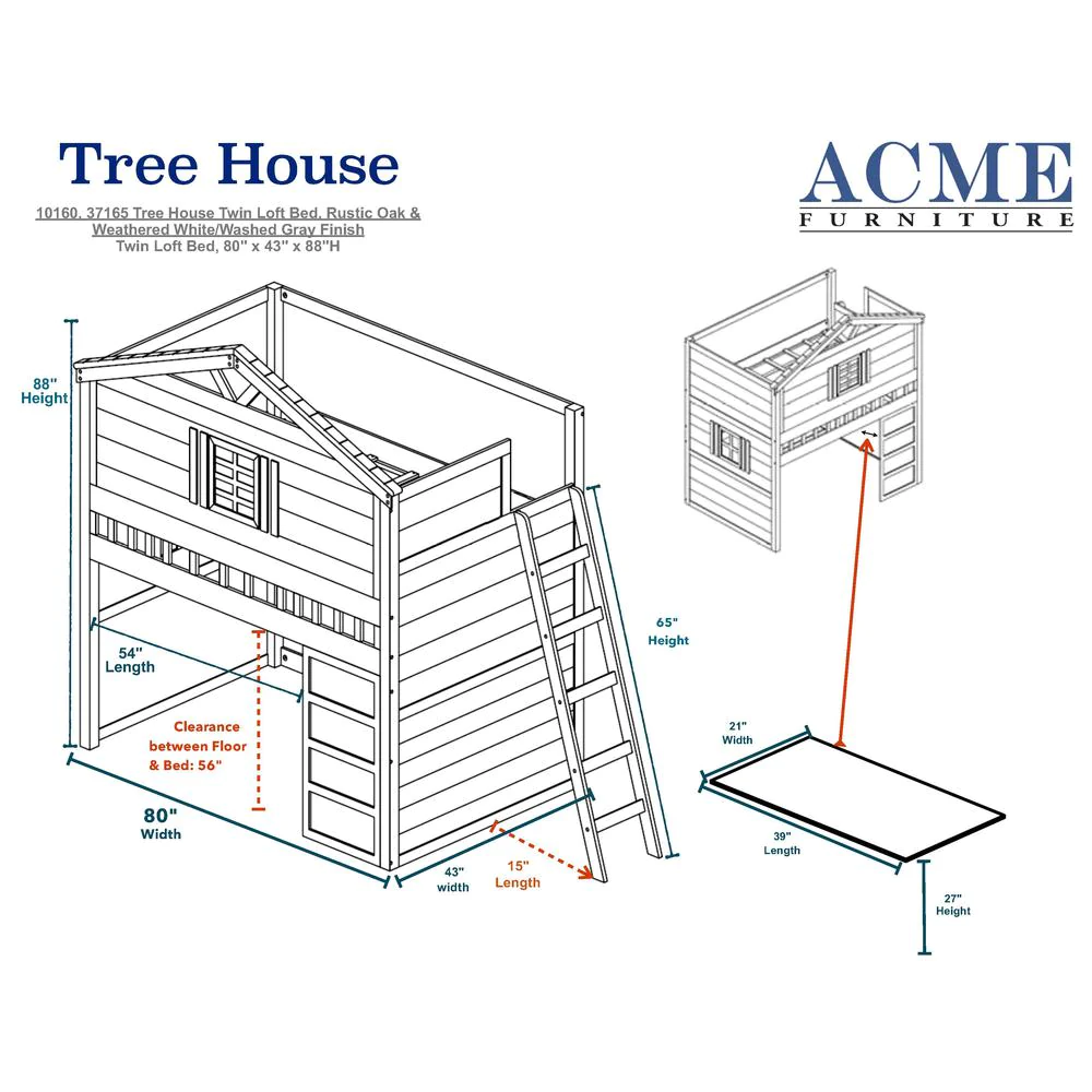 Acme Furniture Tree House Loft Bed (Twin Size), Weathered White &a; Washed Gray (1Set/2Ctn)