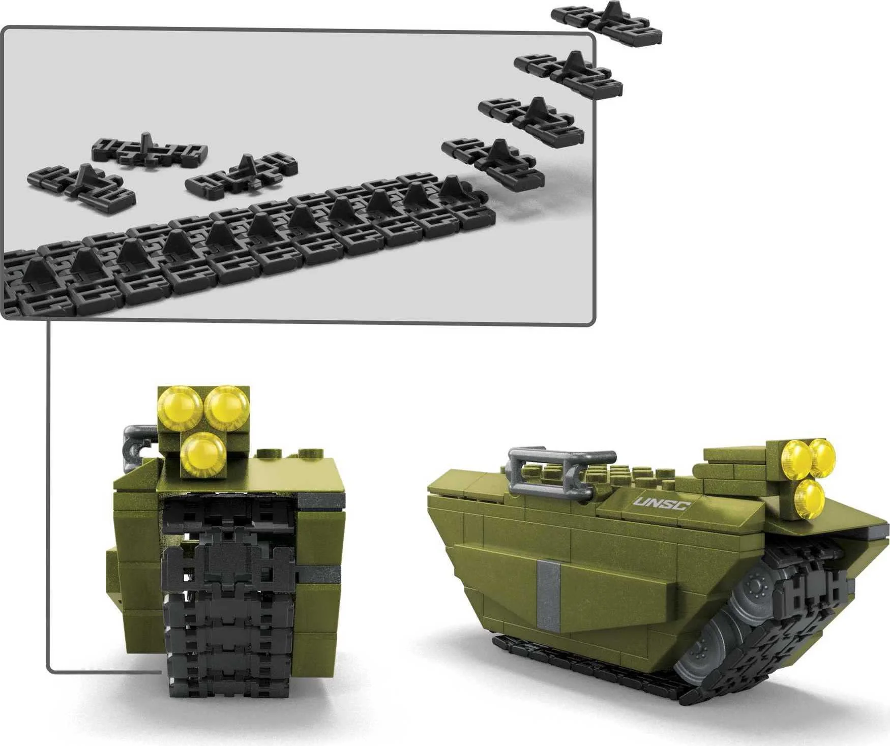 mega halo infinite toy vehicle building set, unsc scorpion clash with 993 pieces, 5 micro action figures and accessories, gif
