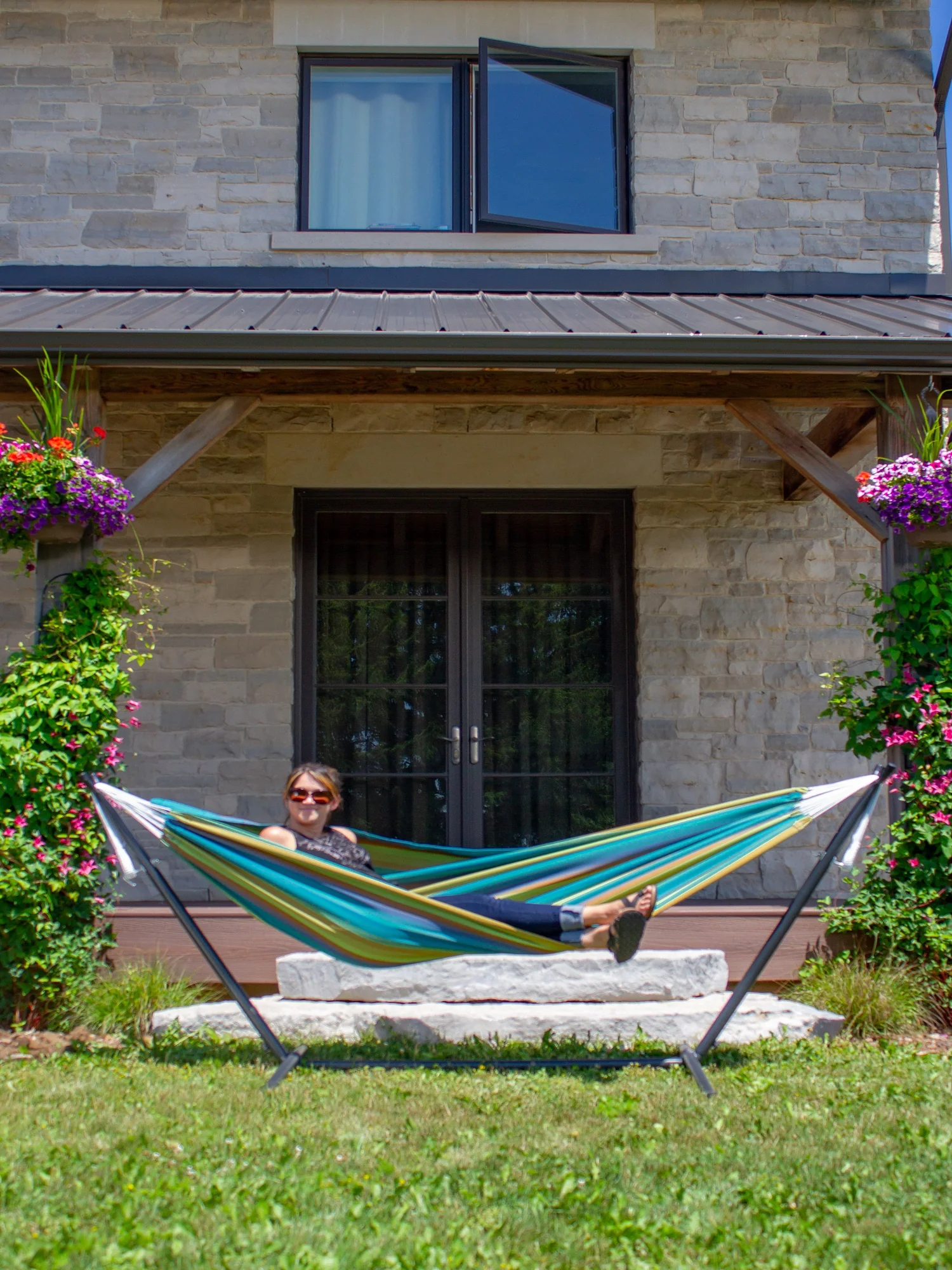 The Hamptons Collection 110” Green and Brown Striped Sunbrella Brazilian Style Hammock with Stand