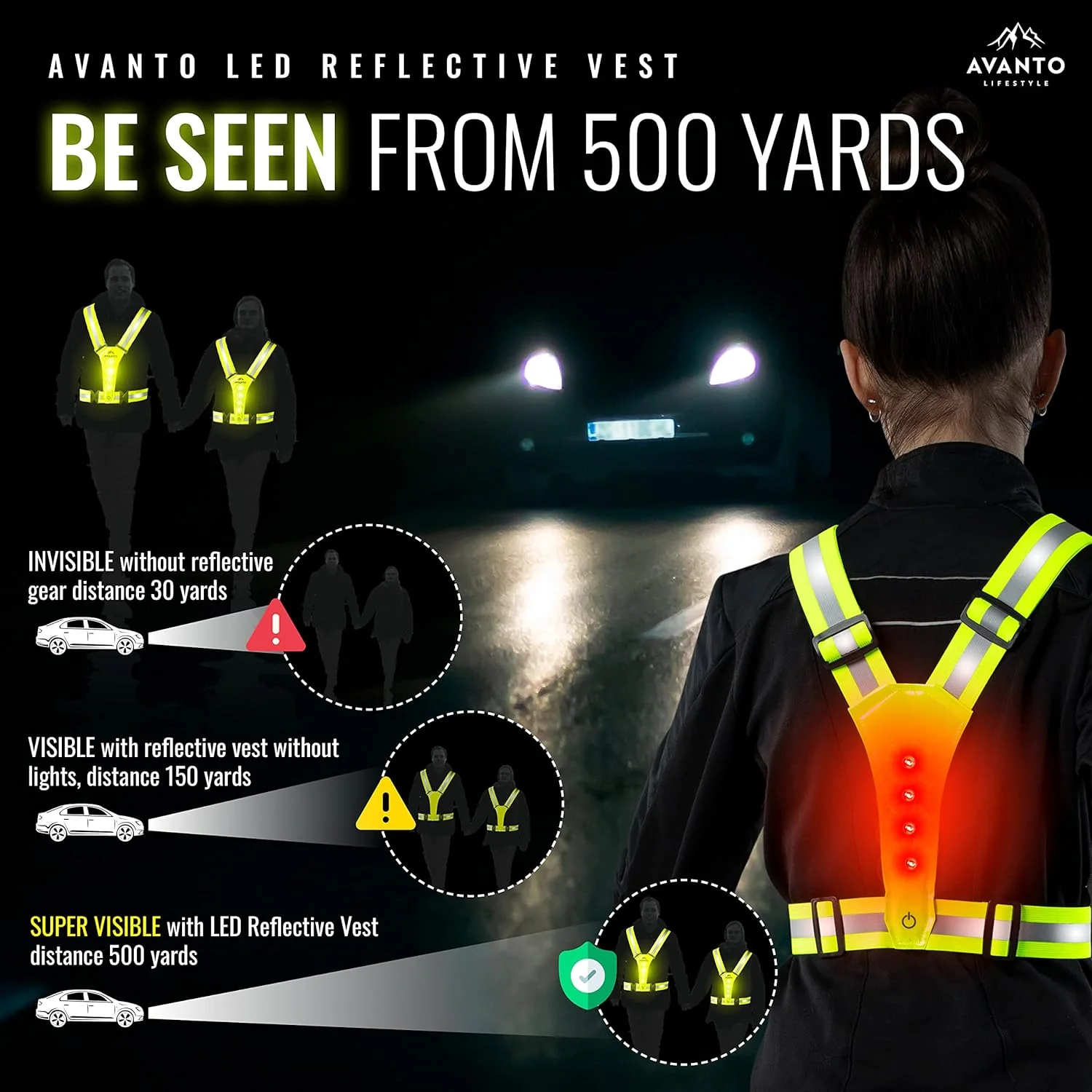 Avanto Lifestyle AVANTO LED Reflective Vest, Original, High Visibility Gear with Adjustable Waist/Shoulder for Outdoors, USB Rechargeable Runnin