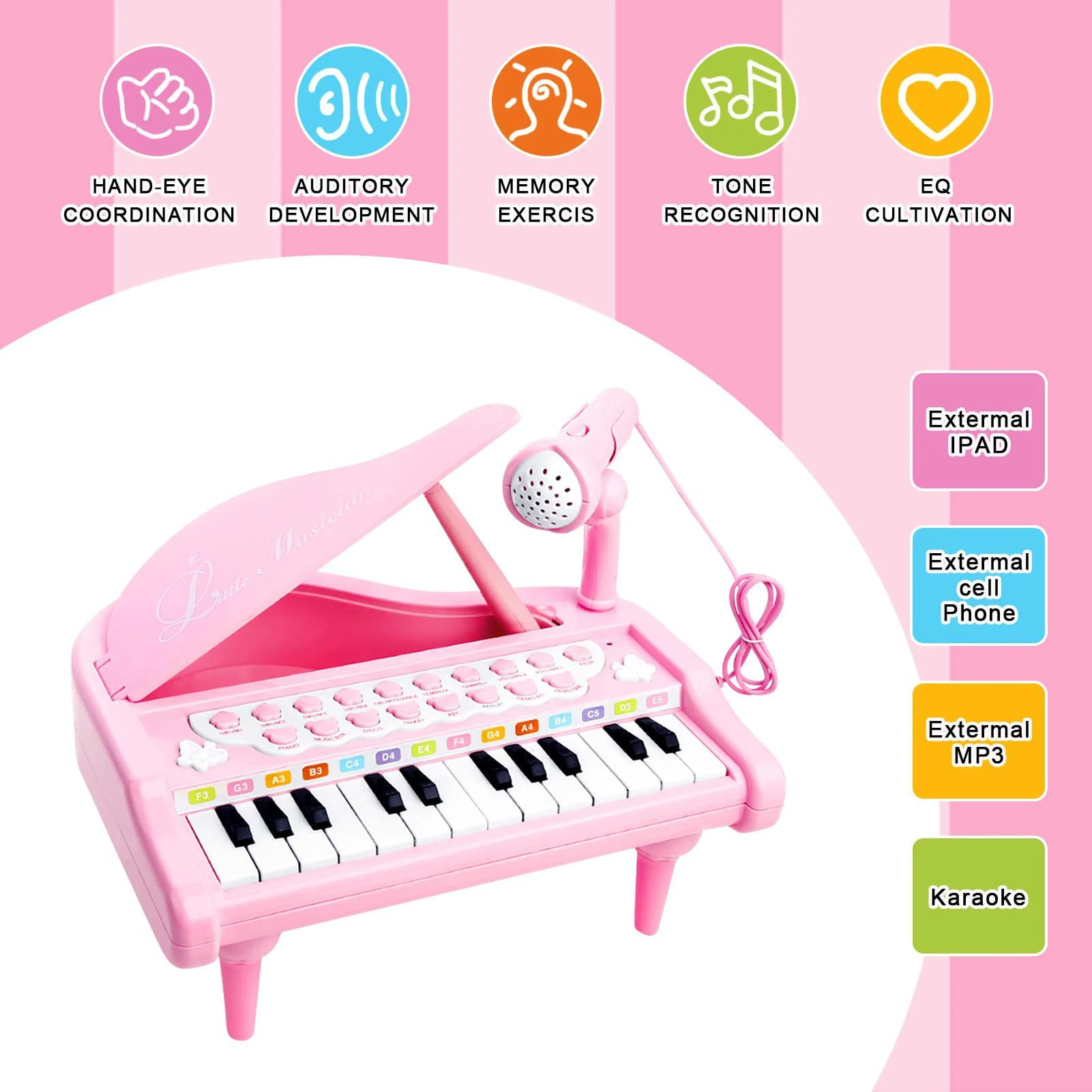 love&a;mini pink piano toys for 1+year old girls first birthday gifts toddler piano music toy instruments with 24 keys and micr