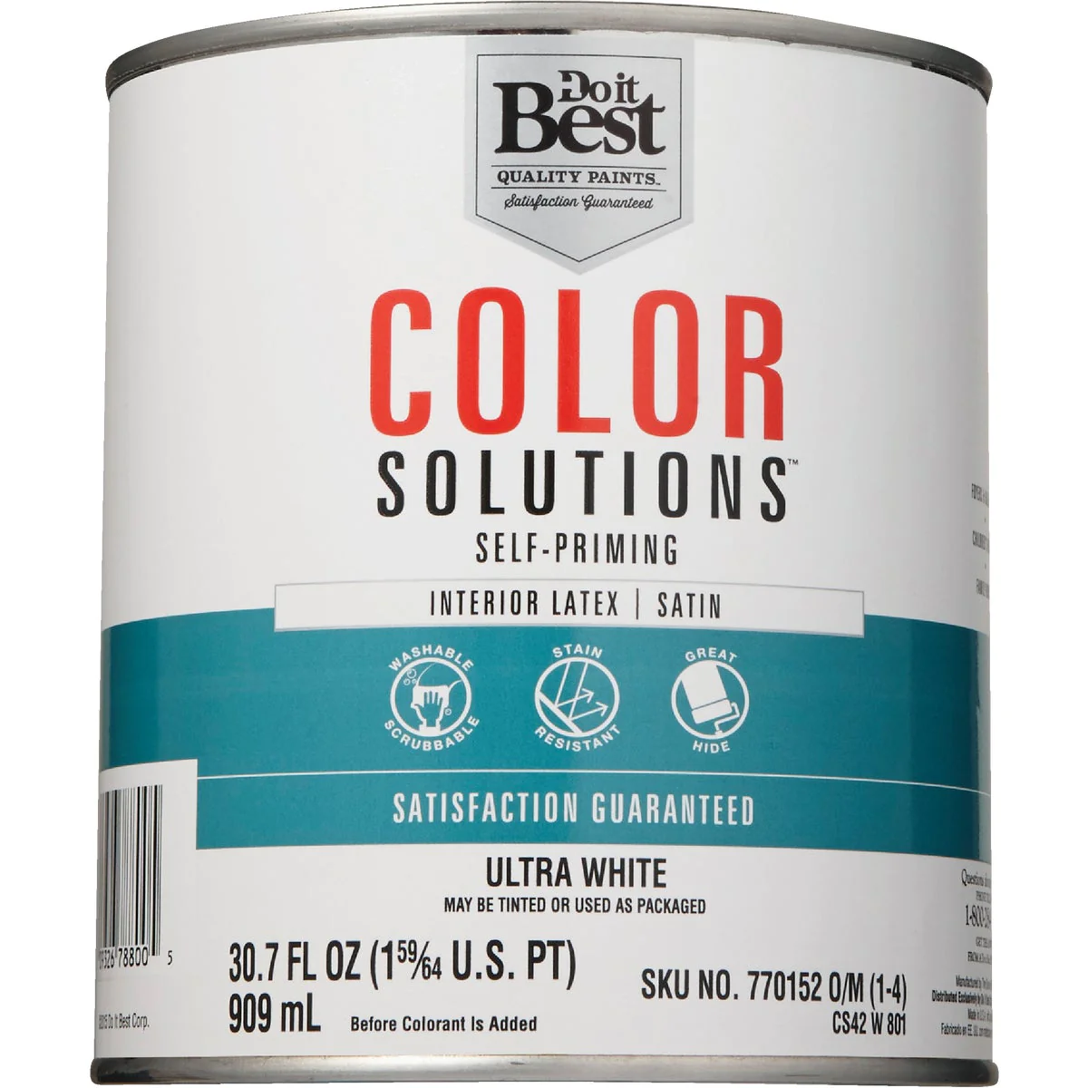Color Solutions SIM Supply, Inc. CS42W0801-14 Do it Best Color Solutions Latex Self-Priming Satin Interior Wall Paint, Ultra White, 1 Qt. CS42W0