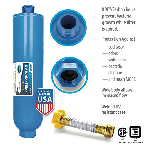Camco 40019 TastePURE XL RV/Marine Water Filter with Flexible Hose Protector | Protects Against Bacteria | Reduces Bad Taste, Od