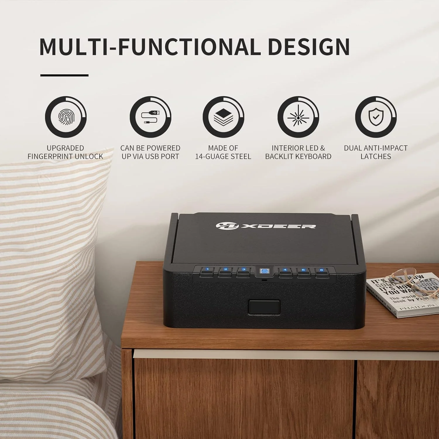XDeer S005 Biometric Gun Safes for Pistols, Quick-Access Pistol Safe, Upgraded Fingerprint Handgun Safe with USB Port