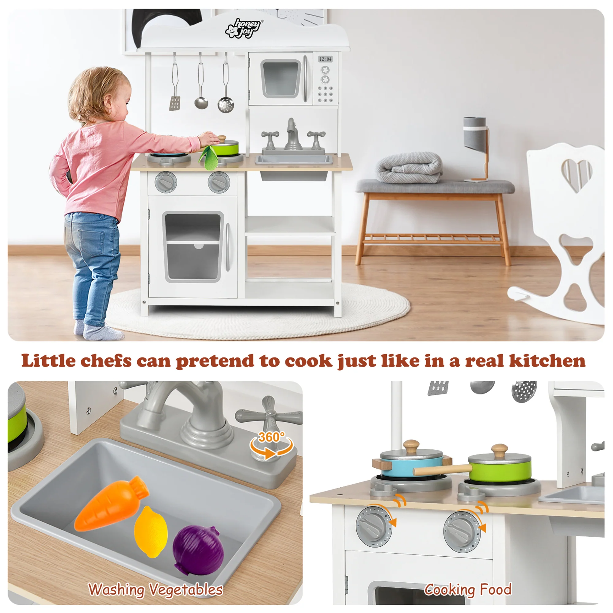 Costway Wooden Pretend Play Kitchen Set for Kids Toddlers w/ Accessories &a; Sink