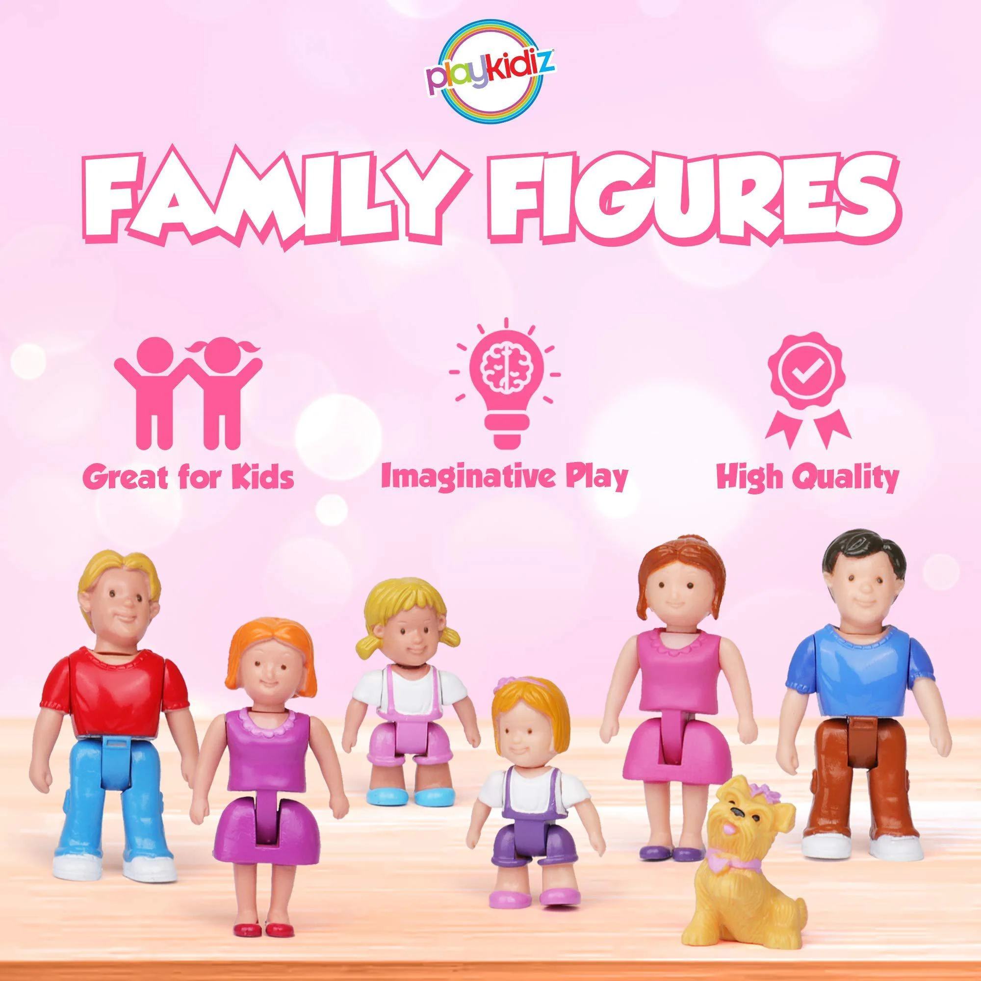 playkidz family figures - set of 7 small toy people for dollhouse play, includes parents, sibling, and pet - doll house acces