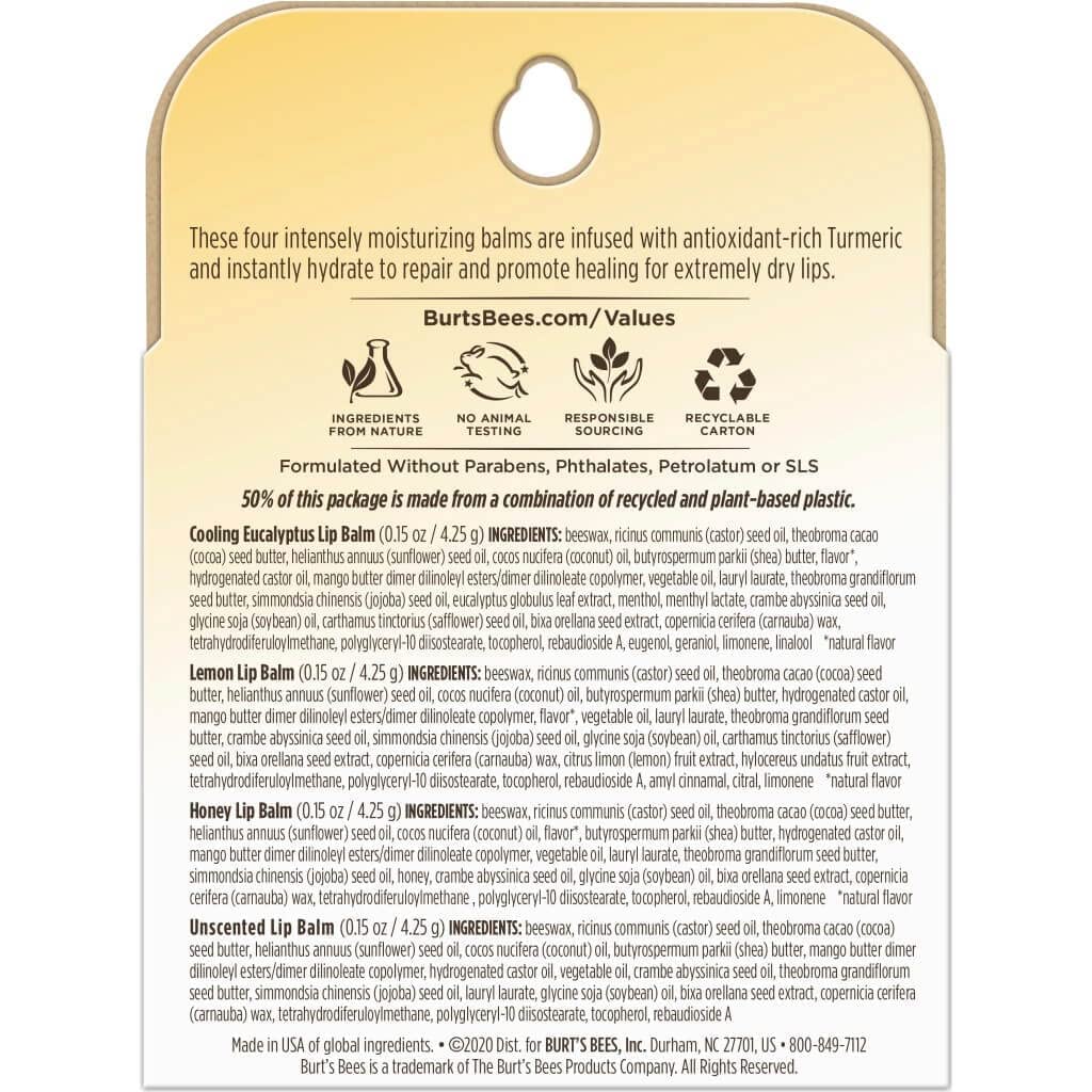 Burt\&s;s Bees Burt&s;s Bees 100% Natural Rescue Lip Balm, Cooling Eucalyptus, Lemon, Honey, Unscented, 4 Tubes