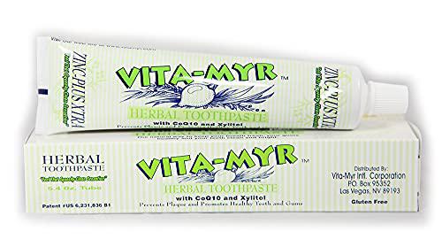 vita-myr zinc+ toothpaste w/xylitol and coq10,no sugar,no fluoride, gluten free, sls free no alcohol,no saccharin no artifici