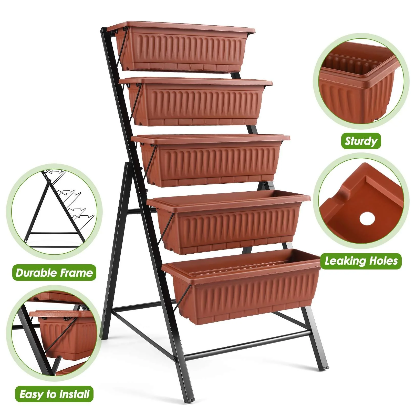 SEJOV 4Ft Planter Box 5-Tiers Balcony Vertical Raised Garden Bed w/Drain for Patio Vegetables,Flowers Herb,Freestanding Garden Planter