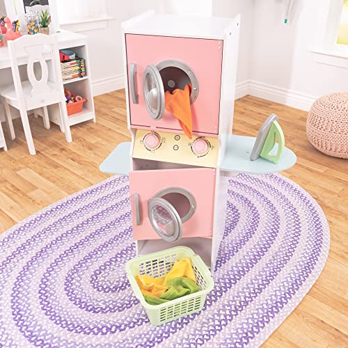 KidKraft Laundry Playset Childrens Pretend Wooden Stacking Washer and Dryer Toy with Iron and Basket, Pastel, Gift for Ages 3+