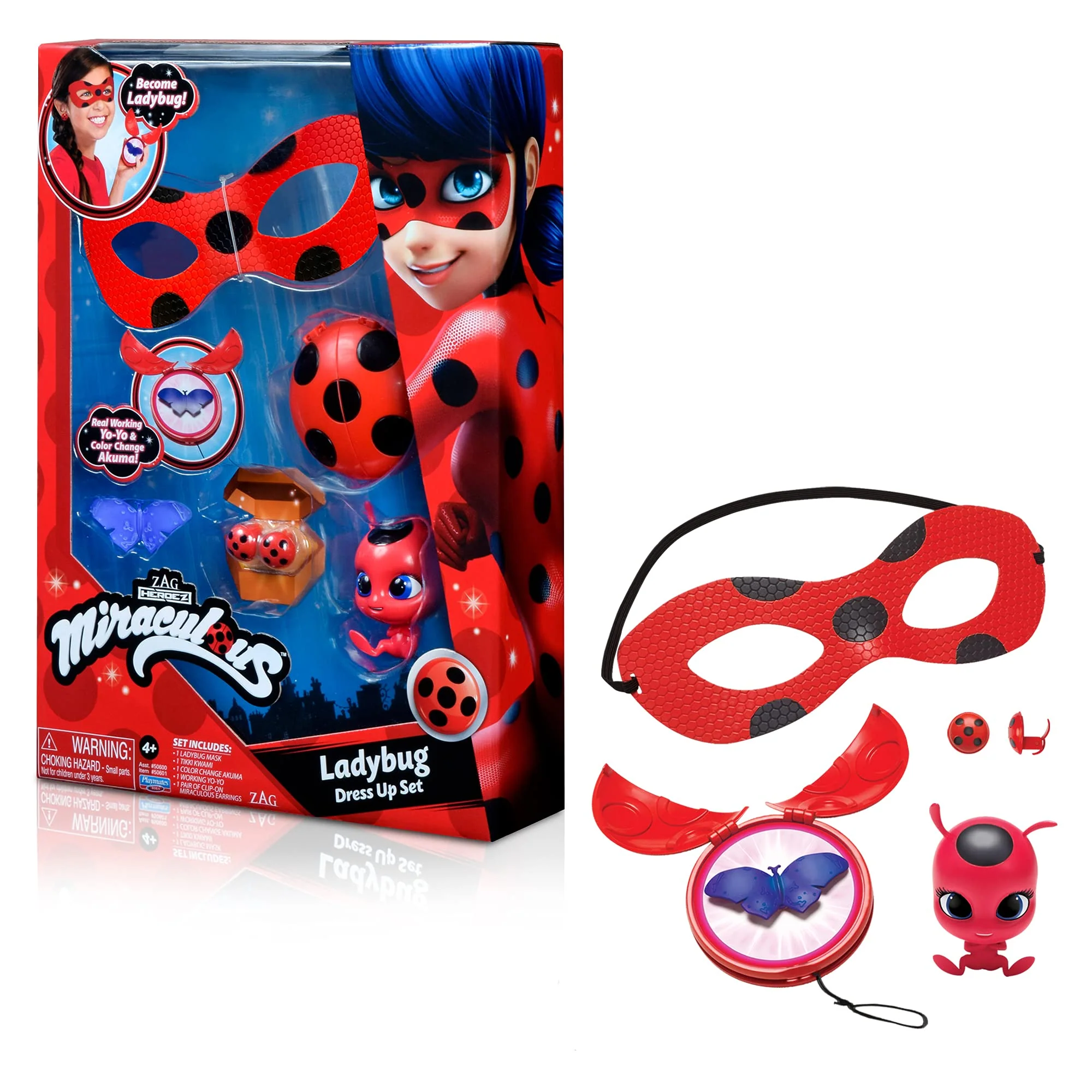 Miraculous girls female Ladybug Dress Up Set with Yoyo, color change Akuma, Tikki kwami, mask and Earrings by Playmates Toys For