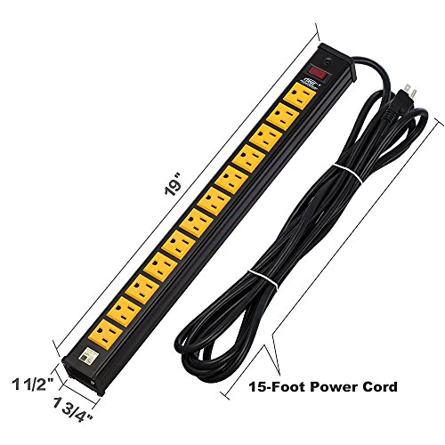 CRST 12-Outlet Heavy-Duty Power Strip with 15 Amps, 15-Foot Power Cord for Kitchen, Office, School (UL Listed)