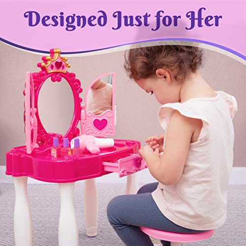 Prextex Kids Makeup Table with Mirror and Chair, Princess Play Set, Vanity Table with Makeup Accessories and Light and Musical S