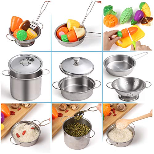Juboury Kitchen Pretend Play Toys with Stainless Steel Cookware Pots and Pans Set, Cooking Utensils, Apron &a; Chef Hat, Cutting V
