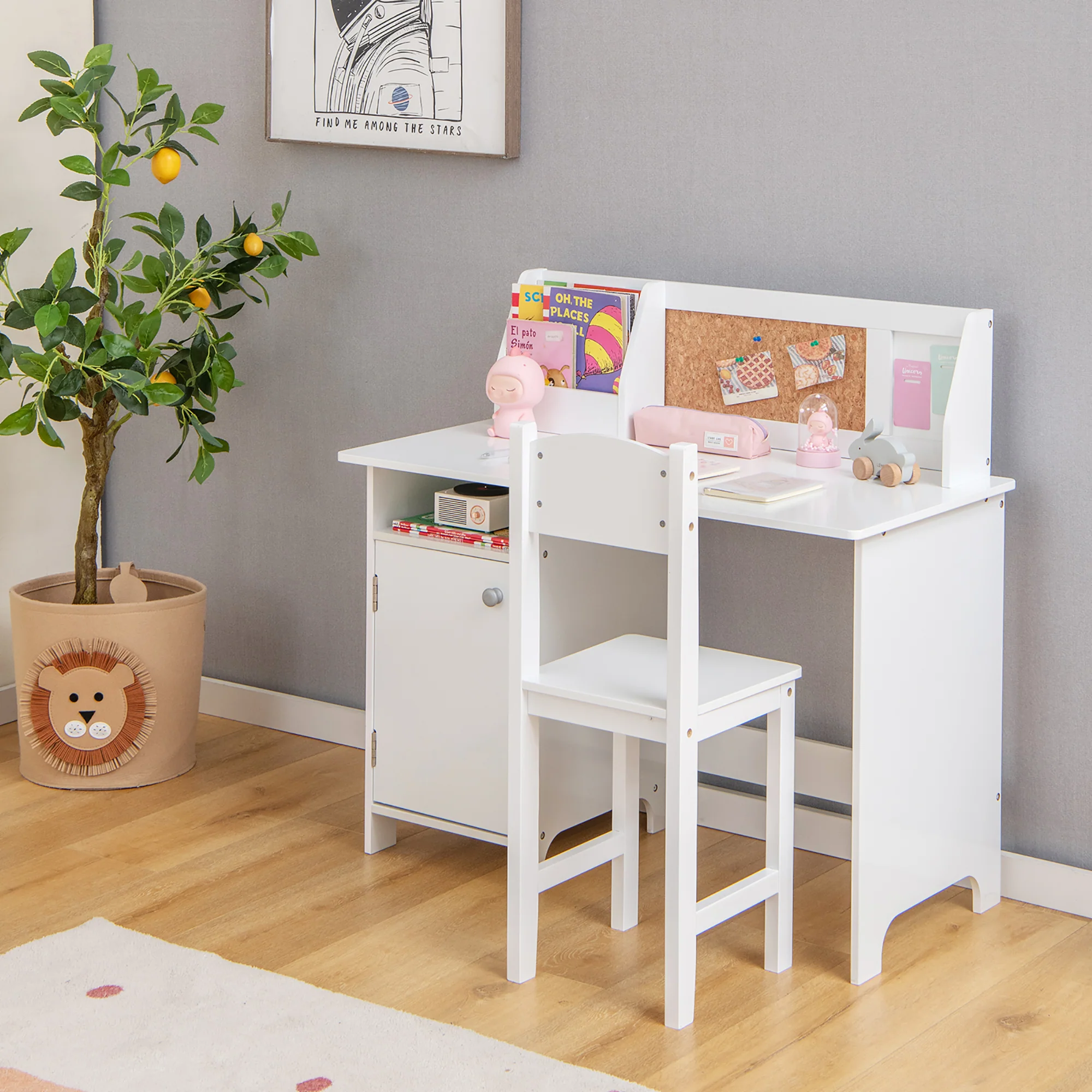 Costway Kids Desk and Chair Set Study Writing Workstation with Bookshelf &a; Bulletin Board