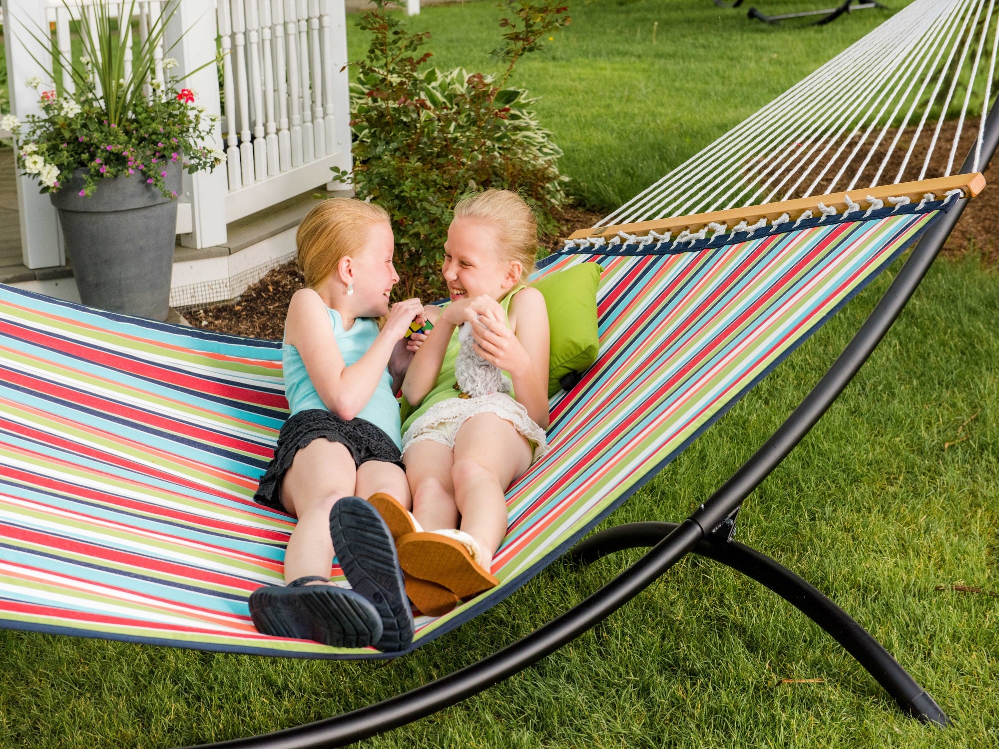 The Hamptons Collection 144” Red and Orange Striped Sunbrella Quilted Two Person Hammock