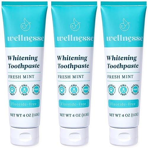 Wellnesse Whitening Toothpaste - Teeth Whitening Fluoride Free Natural Toothpaste - Fresh Mint - 3 Tubes, 4 oz - Made with Hydro