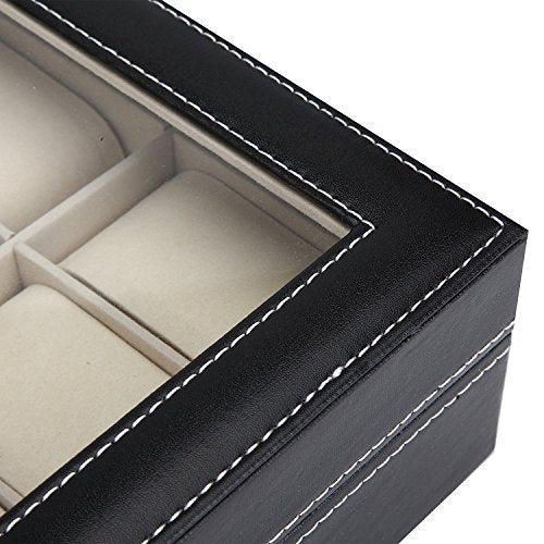Readaeer 12 Slot PU Leather Watch Box Display Case Jewelry Organizer with Glass Top