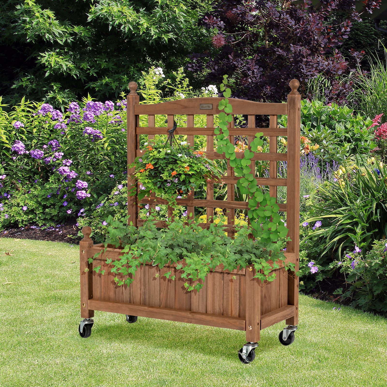 Topbuy 32in Wood Planter Box with Trellis and Wheels Mobile Plant Raised Bed for Indoor&a;Outdoor