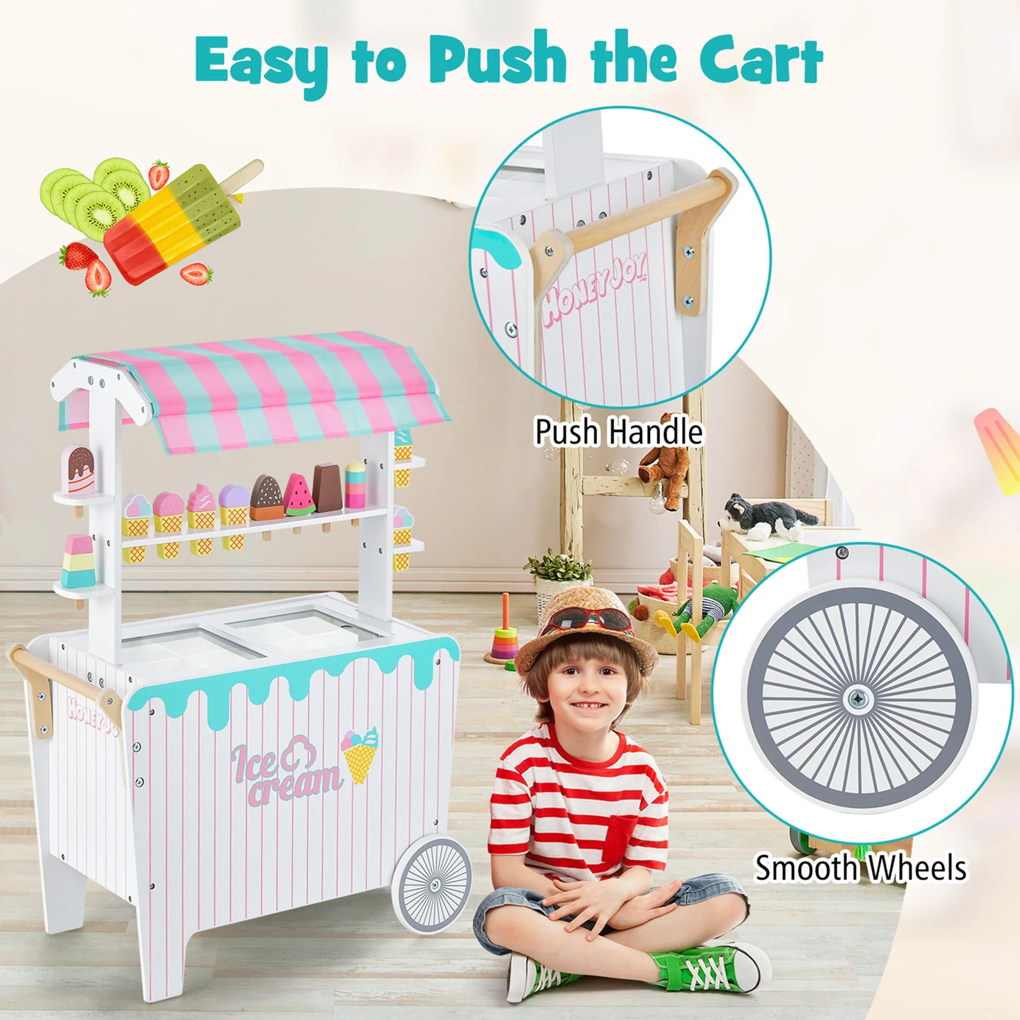 Costway Kid&s;s Ice Cream Cart Food Trunk Play Toy Set with Display Rack &a; Accessories