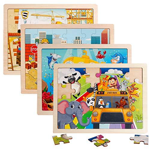 UMTOY 4 packs 24 pcs jigsaw puzzles for kids preschool educational brain teaser boards toys animal zoo bus marine world constructio
