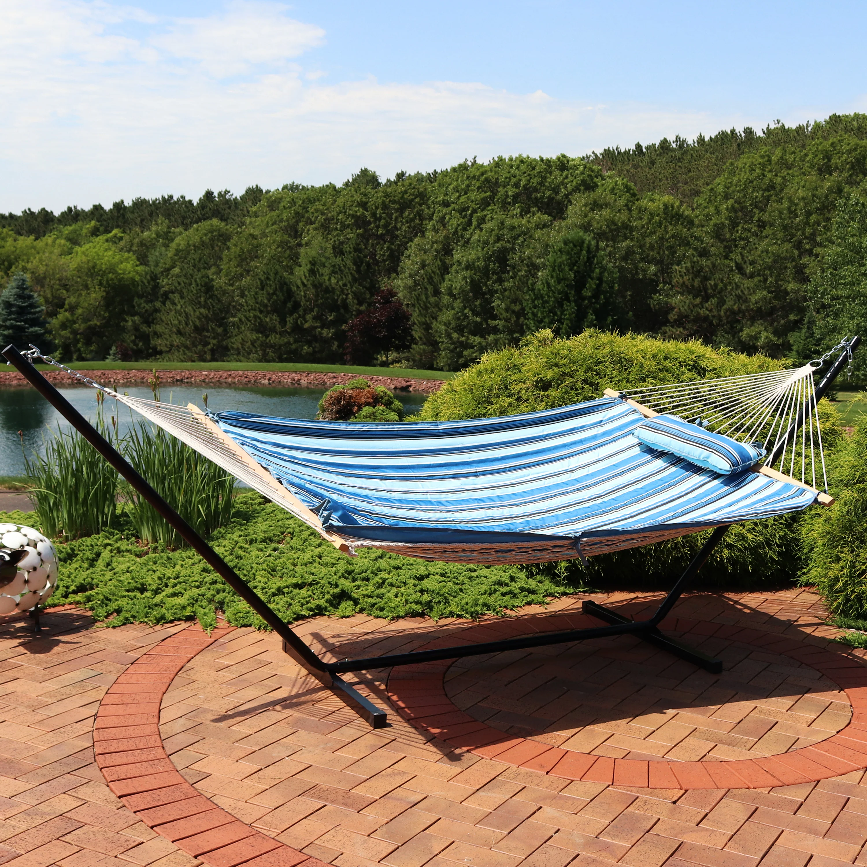 Sunnydaze Decor Rope Hammock, 12-Foot Stand, and Pad and Pillow Set - Misty Beach
