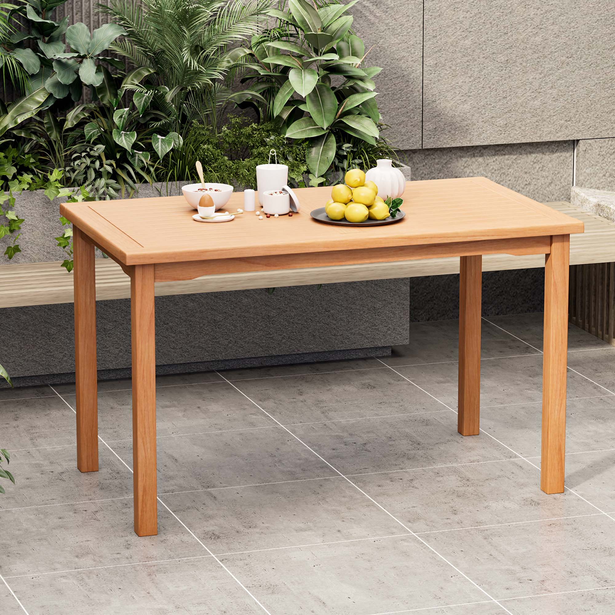 Costway Patio Rectangle Dining Table Teak Wood Spacious Slatted Tabletop Outdoor Up to 6
