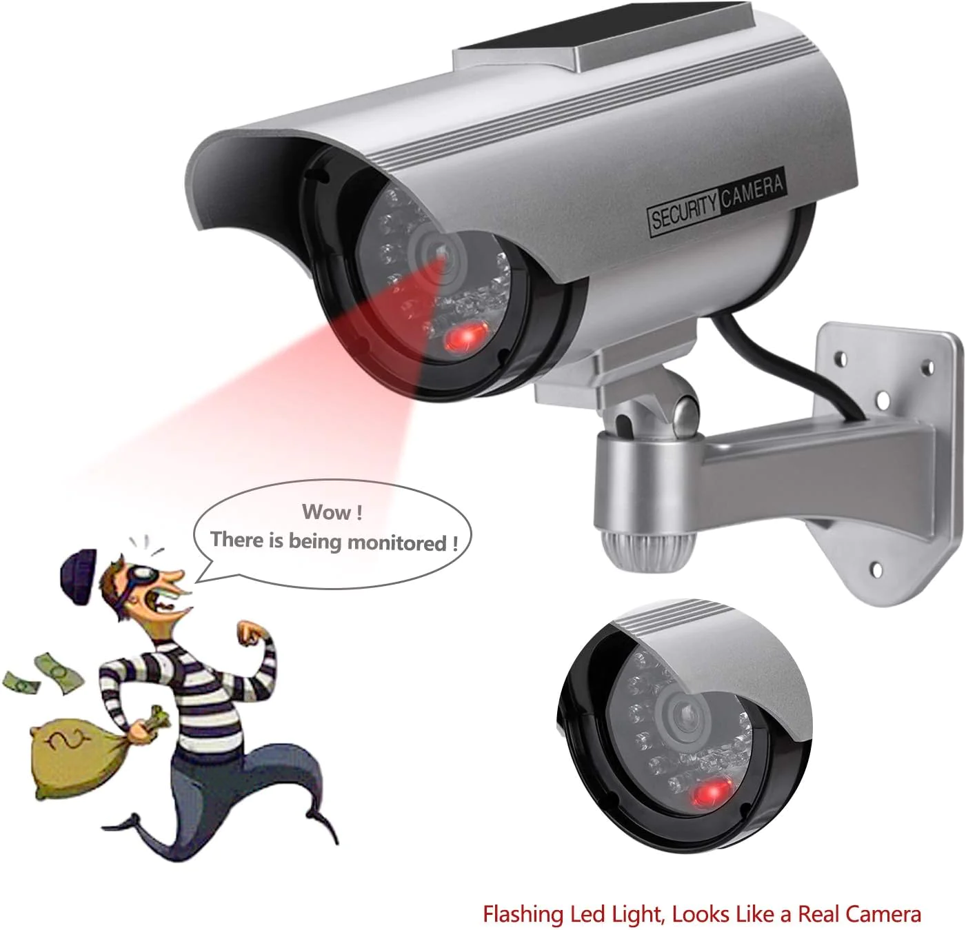 AlfaView Solar Powered Bullet Dummy Fake Surveillance Camera Security CCTV Dome Camera with LED Flashing Light for Outdoor/Indoor,Home/B