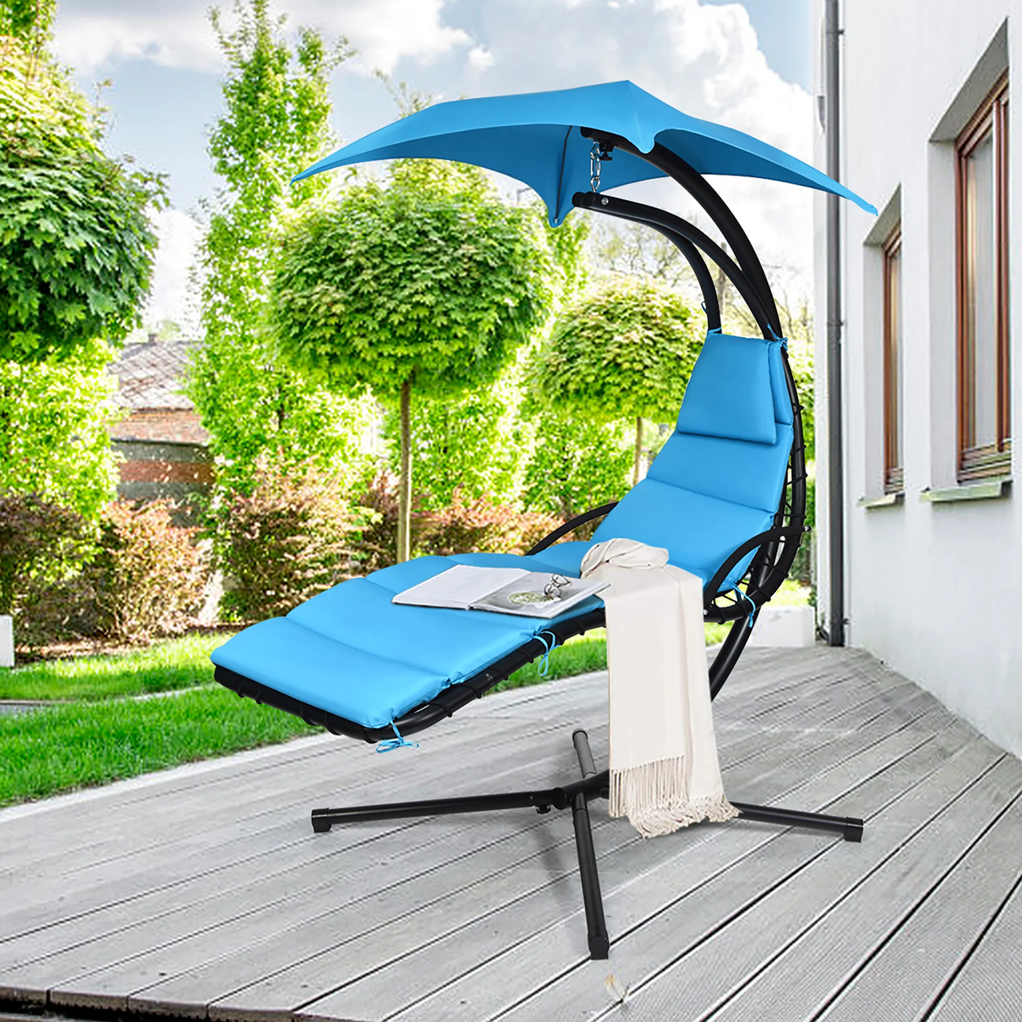 Costway Hanging Swing Chair Hammock Chair w/ Pillow Canopy Stand Blue\Navy\Orange