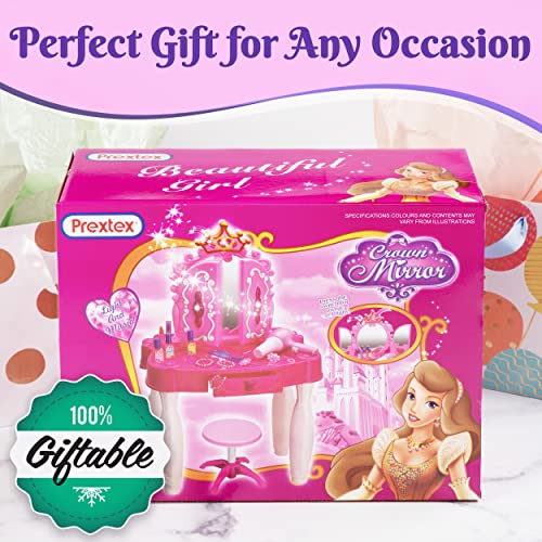 Prextex Kids Makeup Table with Mirror and Chair, Princess Play Set, Vanity Table with Makeup Accessories and Light and Musical S