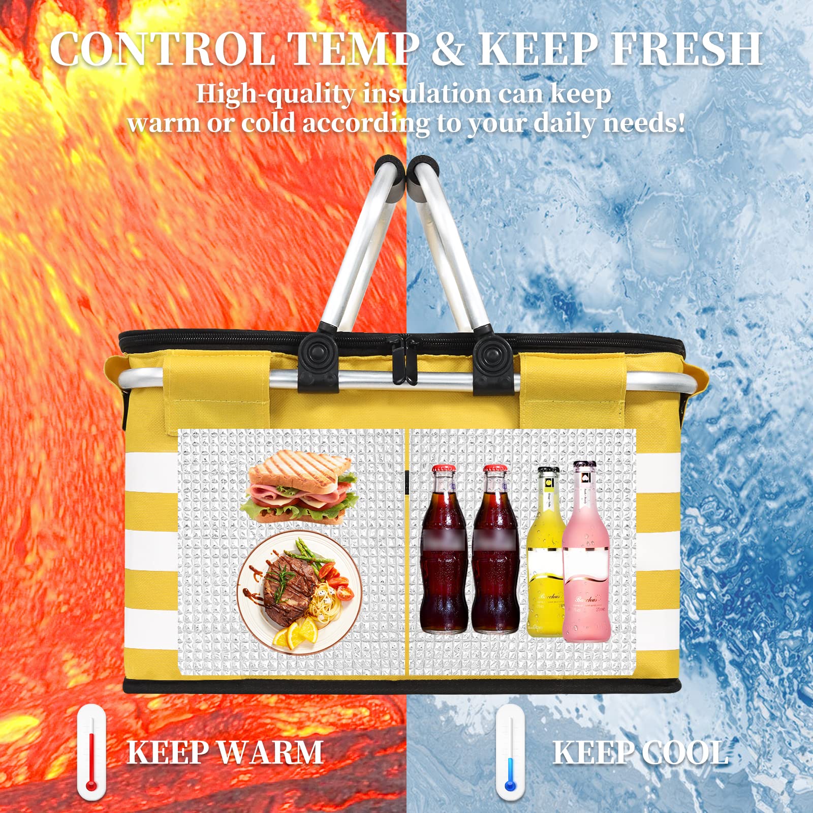 KEFOMOL Insulated Picnic Basket,Leak-Proof Collapsible Cooler Bag,26L Grocery Basket with Lid,2 Sturdy Handles,Storage Basket fo