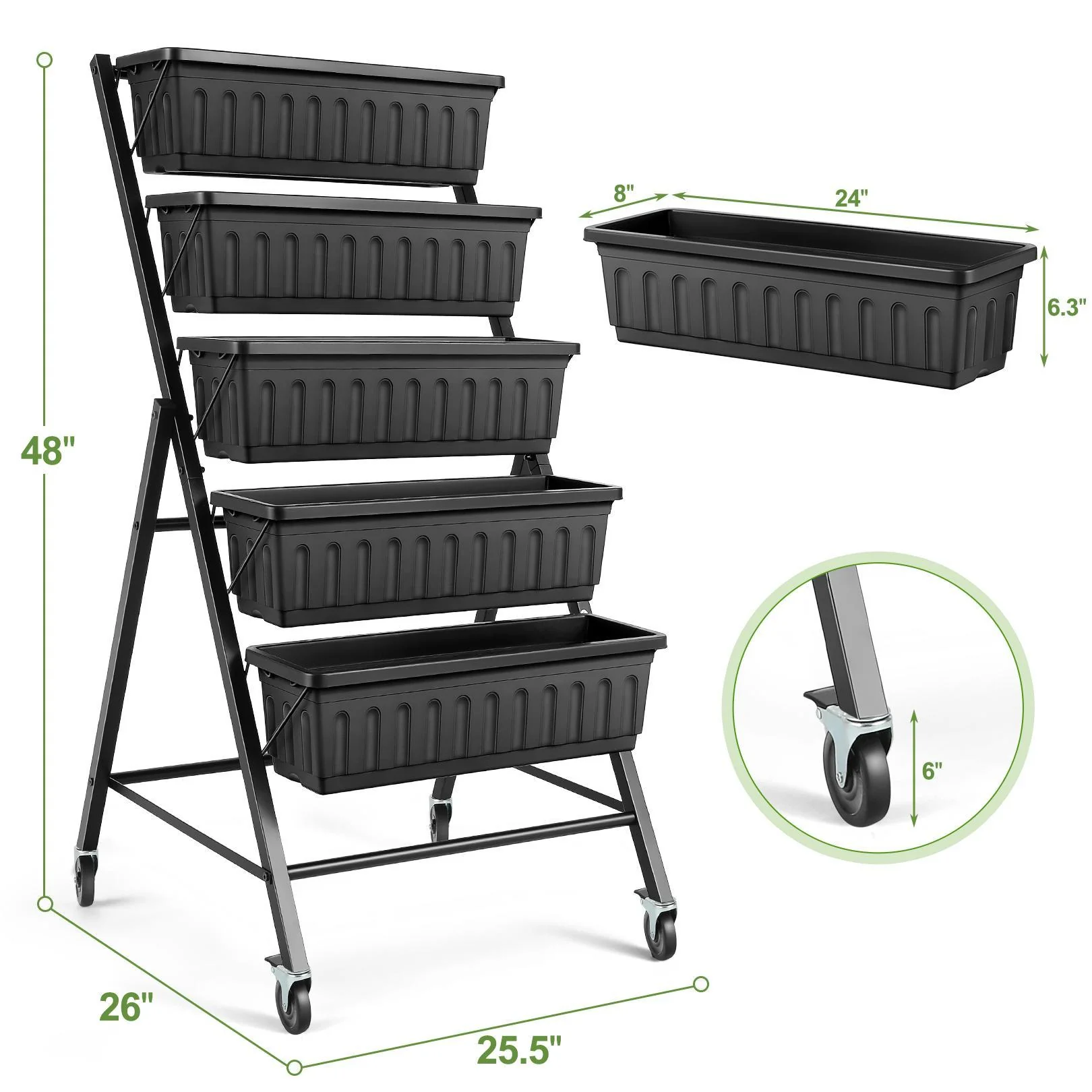 SEJOV 4FT Balcony Vertical Raised Garden Bed, 5-Tier Patio Outdoor Planter Box w/4 Wheels&a;Drainage System for Herb Vegetables Flowers