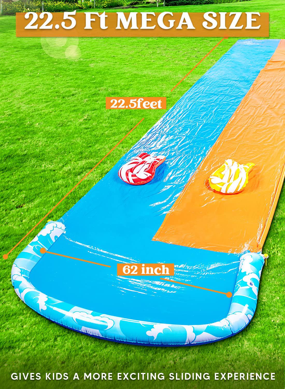 joyin 22.5ft water slides and 2 bodyboards, lawn water slide summer slip waterslides water toy with build in sprinkler for ba