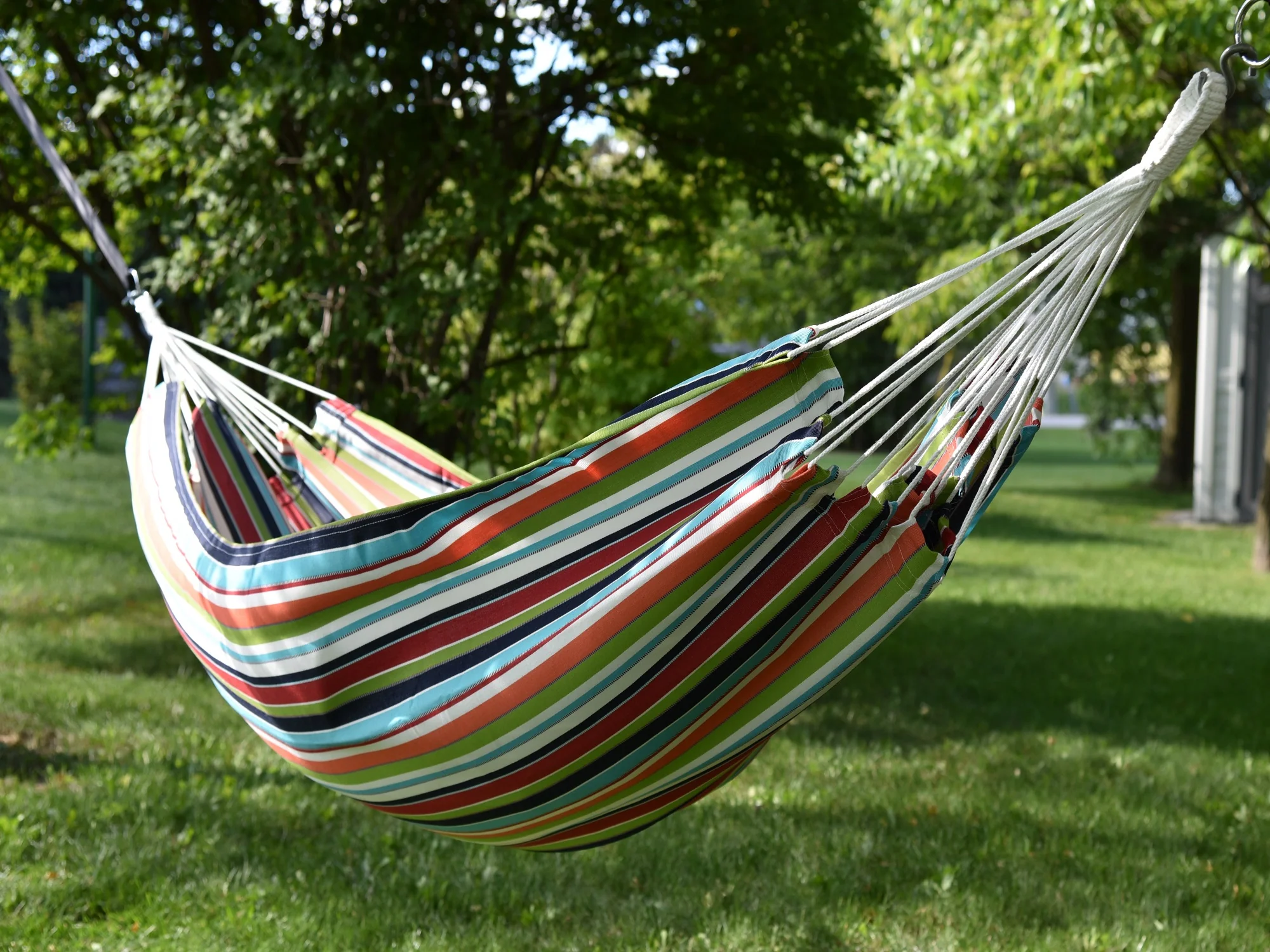 The Hamptons Collection 144” Orange and Green Striped Two Person Brazilian Sunbrella Hammock