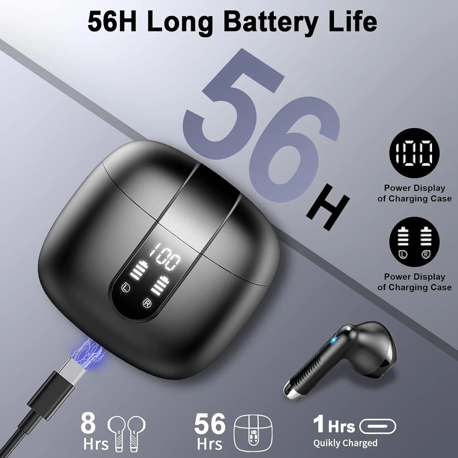 Zell Electronics Zell Wireless Earbuds Bluetooth 5.3 Headphones 56H Playtime Bluetooth Earbuds With Led Display Charging Case Deep Bass Noise …