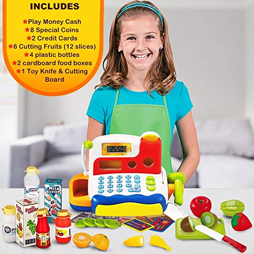 FUNERICA Durable Cash Register Toy for Kids | with Electronic Sounds, Microphone, Scanner, Calculator, Pretend Play Food Toys, C