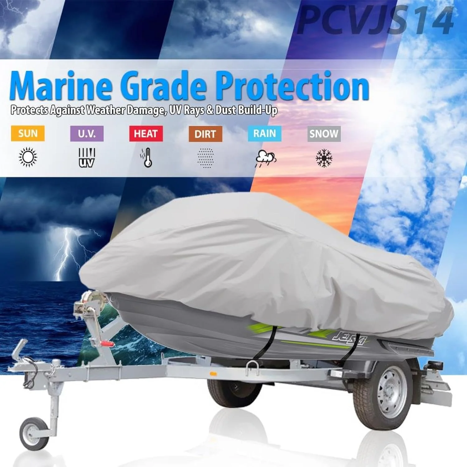 Pyle Waterproof Heavy Duty Jet ski Cover - 139  - 145  Inch Resistant Watercraft Storage Cover with Adjustable Strap &a; Elasti…