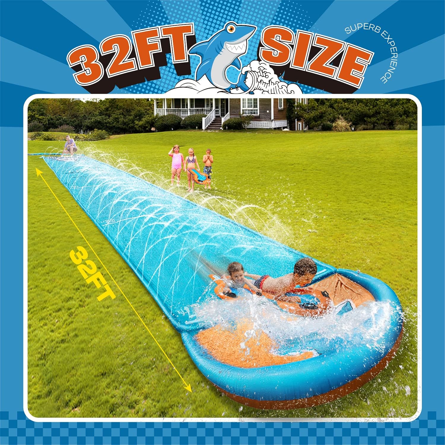 Great Choice Products 32Ft Silp Lawn Water Slide, Giant Silp Water Slides For Kids Backyard With Sprinkler Splash And 2 Inflatable Bodyboards, O