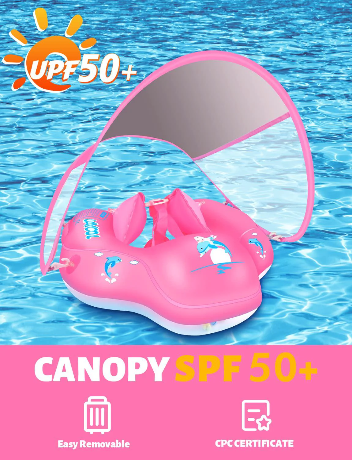 laycol baby swimming float inflatable baby pool float ring newest with sun protection canopy,add tail no flip over for age of