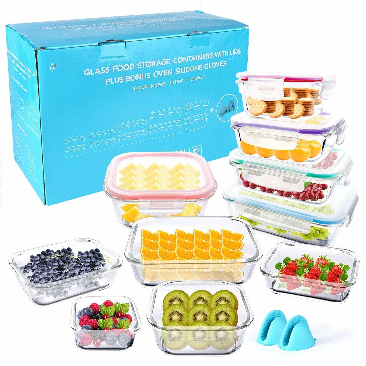 Bo-Toys 20 Piece Glass Food Storage Airtight &a; Leakproof Containers Set - Snap Lock Lids
