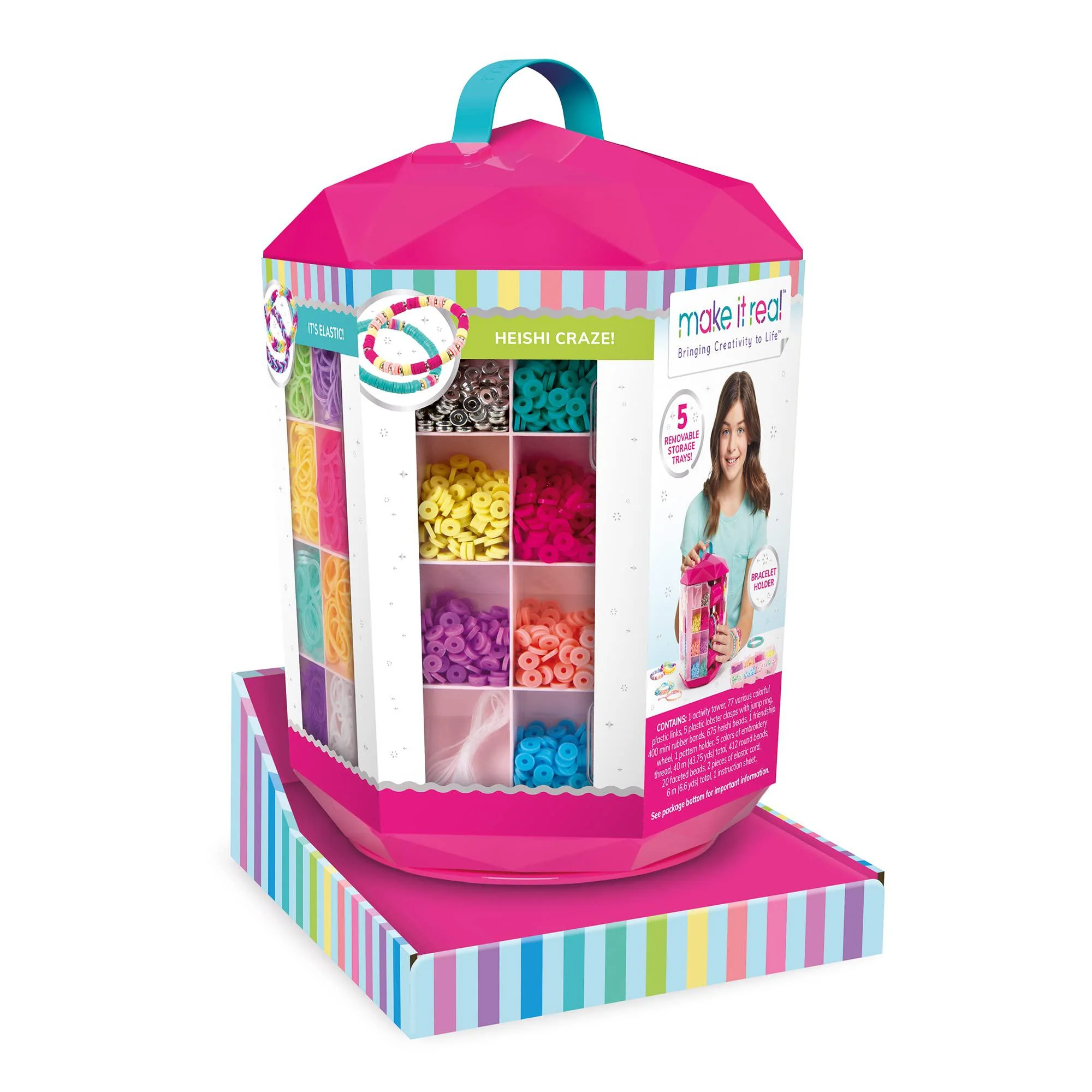 make it real 5 in 1 activity tower - jewelry making kit with storage - heishi beads, plastic links, mini rubber bands, round