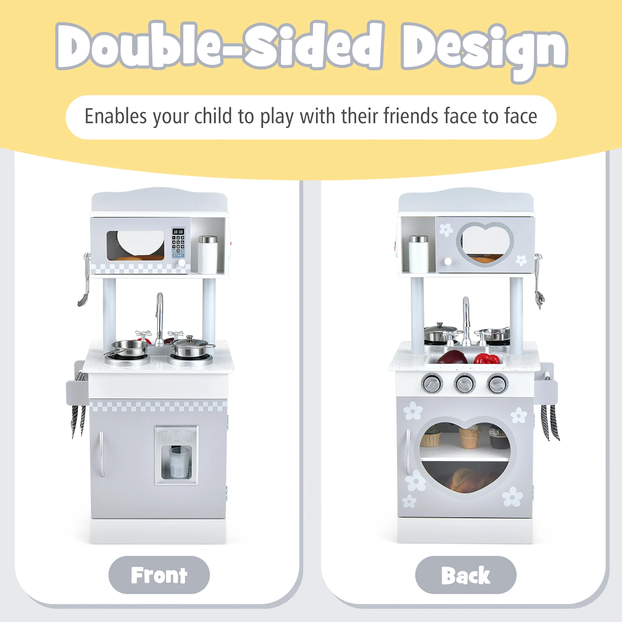 Costway Kids Kitchen PlaySet Pretend Wooden Play Kitchen with IceDispenser&a;Stovefor Toddler