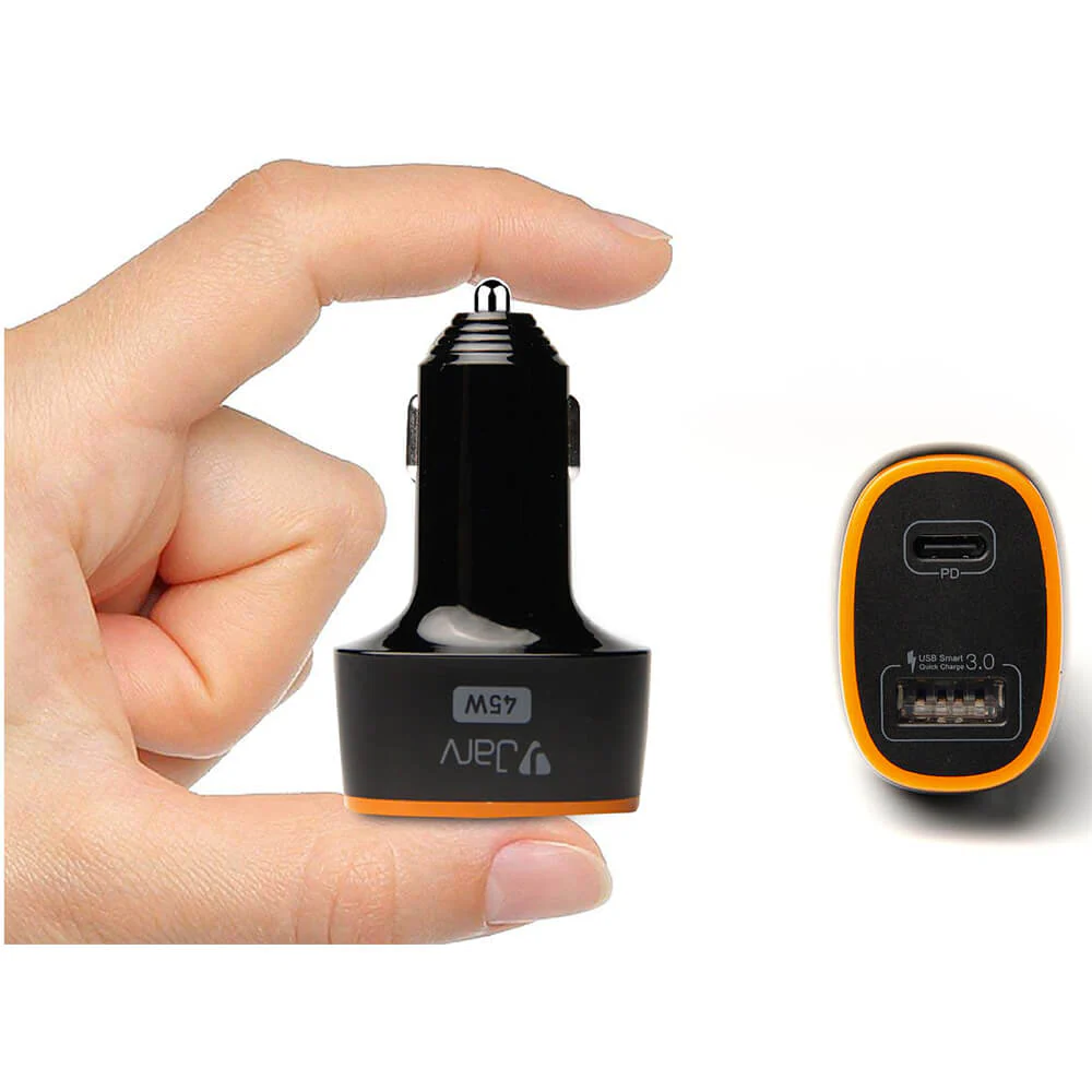 JarvMobile CC2000BLK 45W High Power 2-Port USB Car Charger with Type C PD and QC 3.0