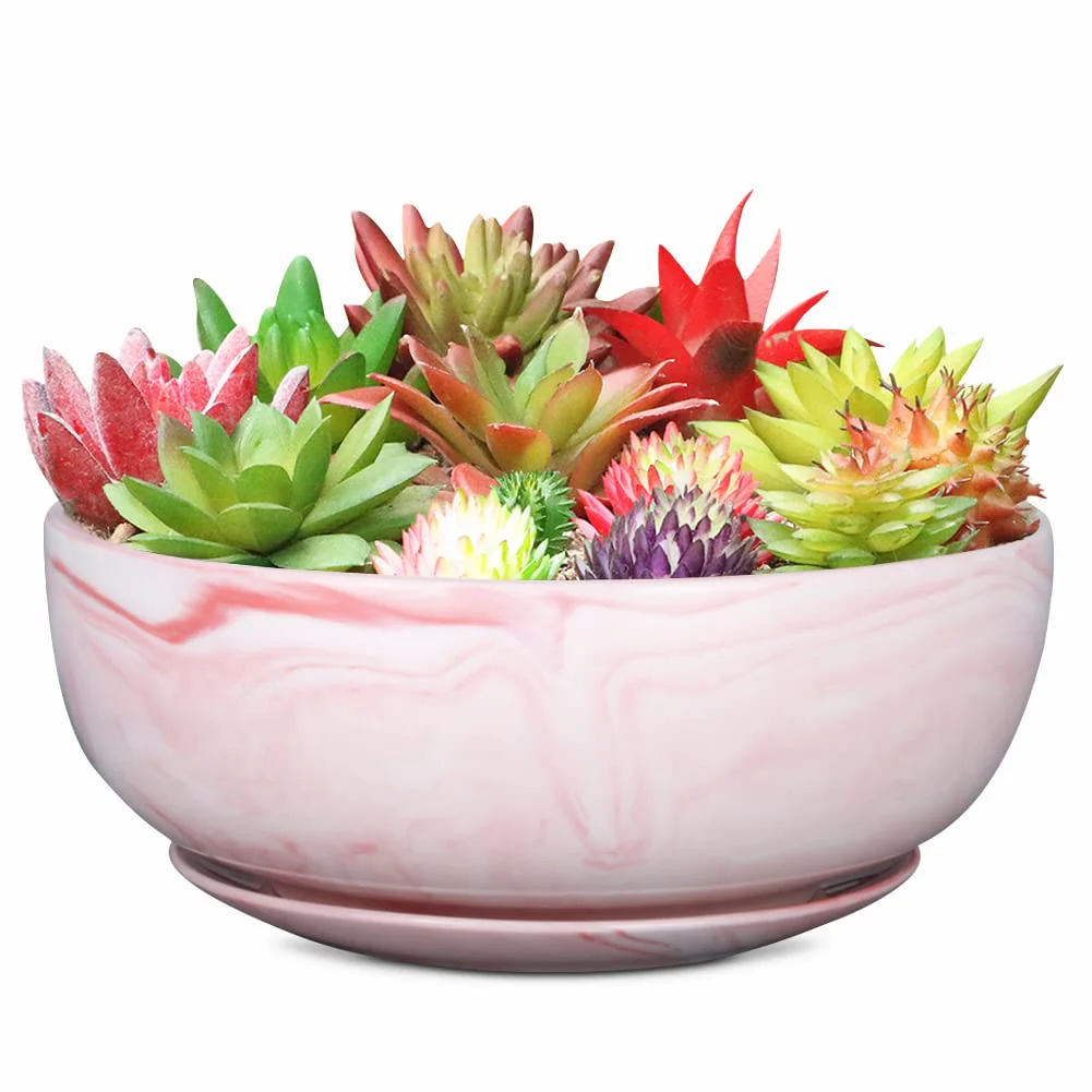 G EPGardening 8in Marble Large Round Ceramic Succulent Planter Pot with Drainage Hole and Plant Saucer Shallow Bonsai Planter Po