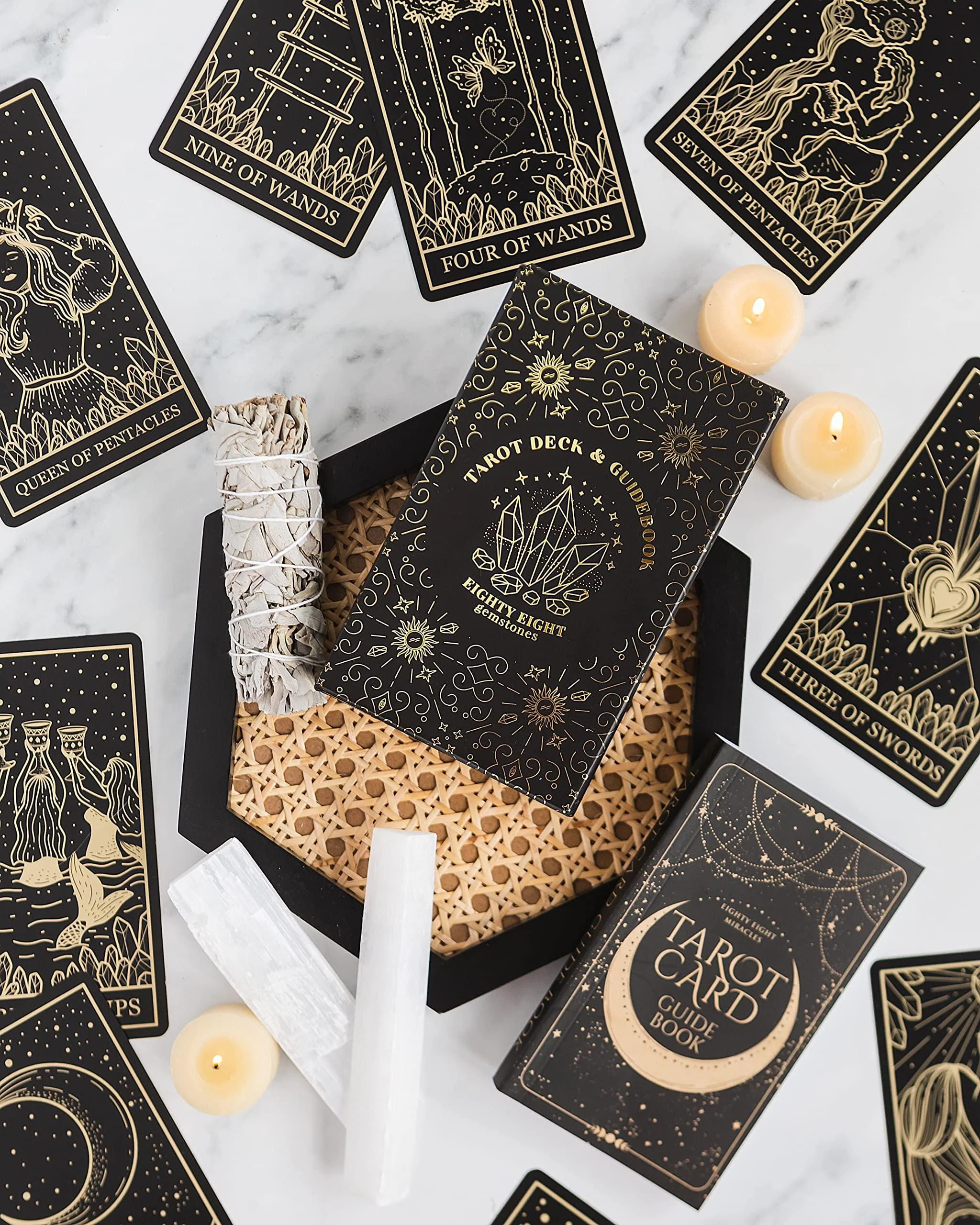 eighty eight miracles mystical gold foil and black tarot cards with guide book for beginner tarot readers; large tarot deck e