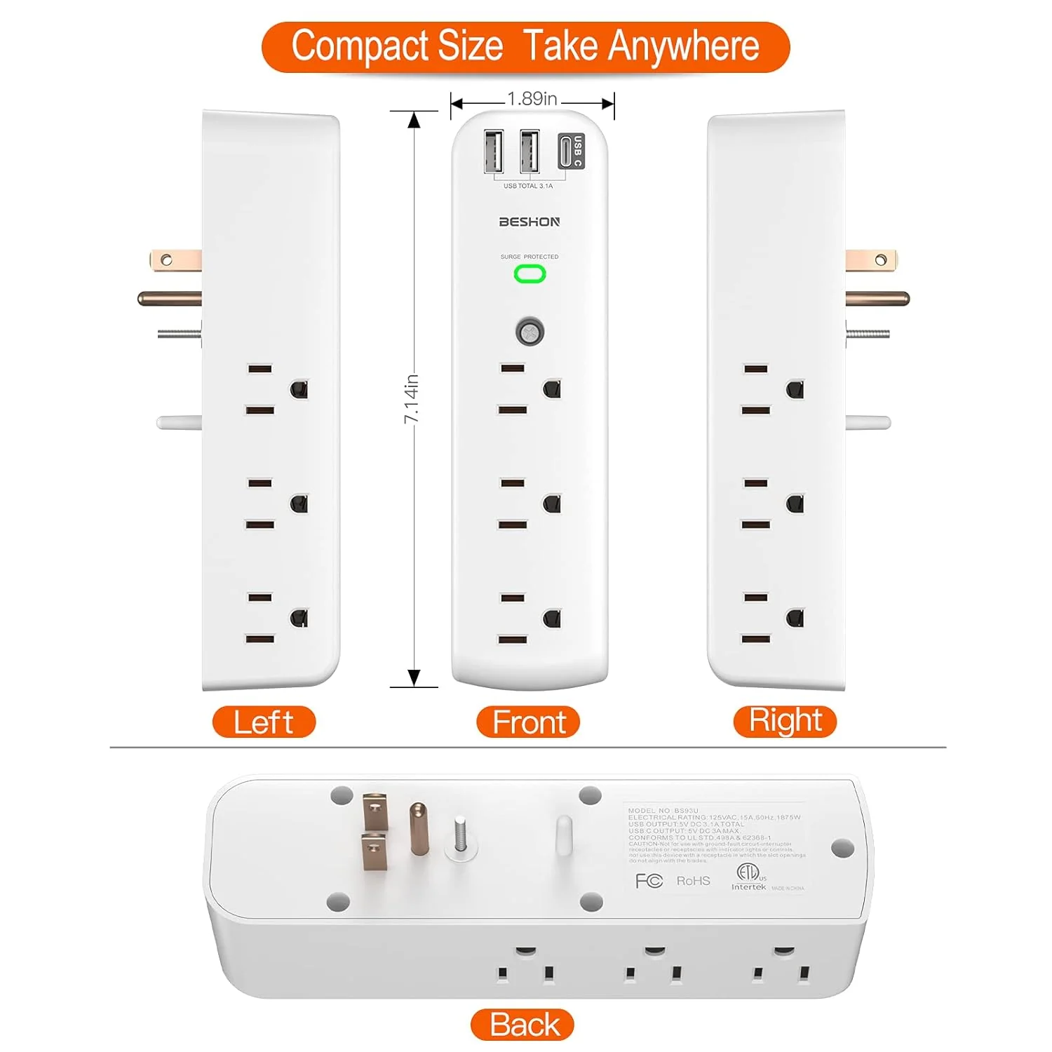 Great Choice Products Outlet Extender, Multi Plug Outlet, 9Ac Surge Protector With 3 Usb Ports(1 Usb C Outlet), Wall Plug Expander, Usb Wall Charge…