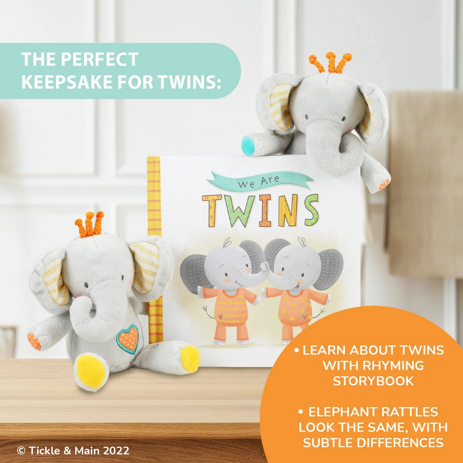 Tickle &a; Main We are Twins, Baby and Toddler Twin Gift Set, Keepsake Book and Set of 2 Plush Elephant Rattles for Boys and Girls