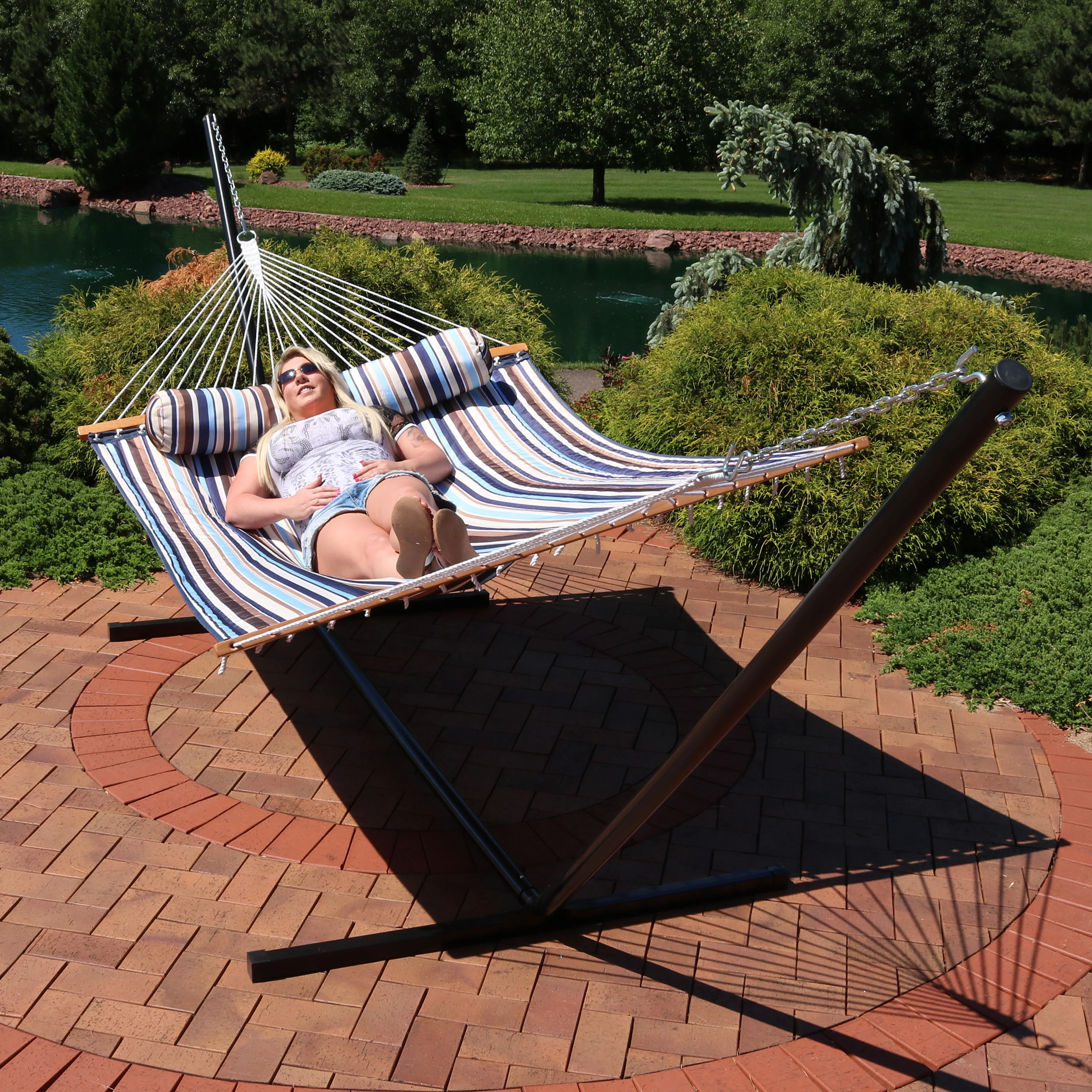 Sunnydaze Decor Quilted Fabric Hammock Bed with Stand - Ocean Isle
